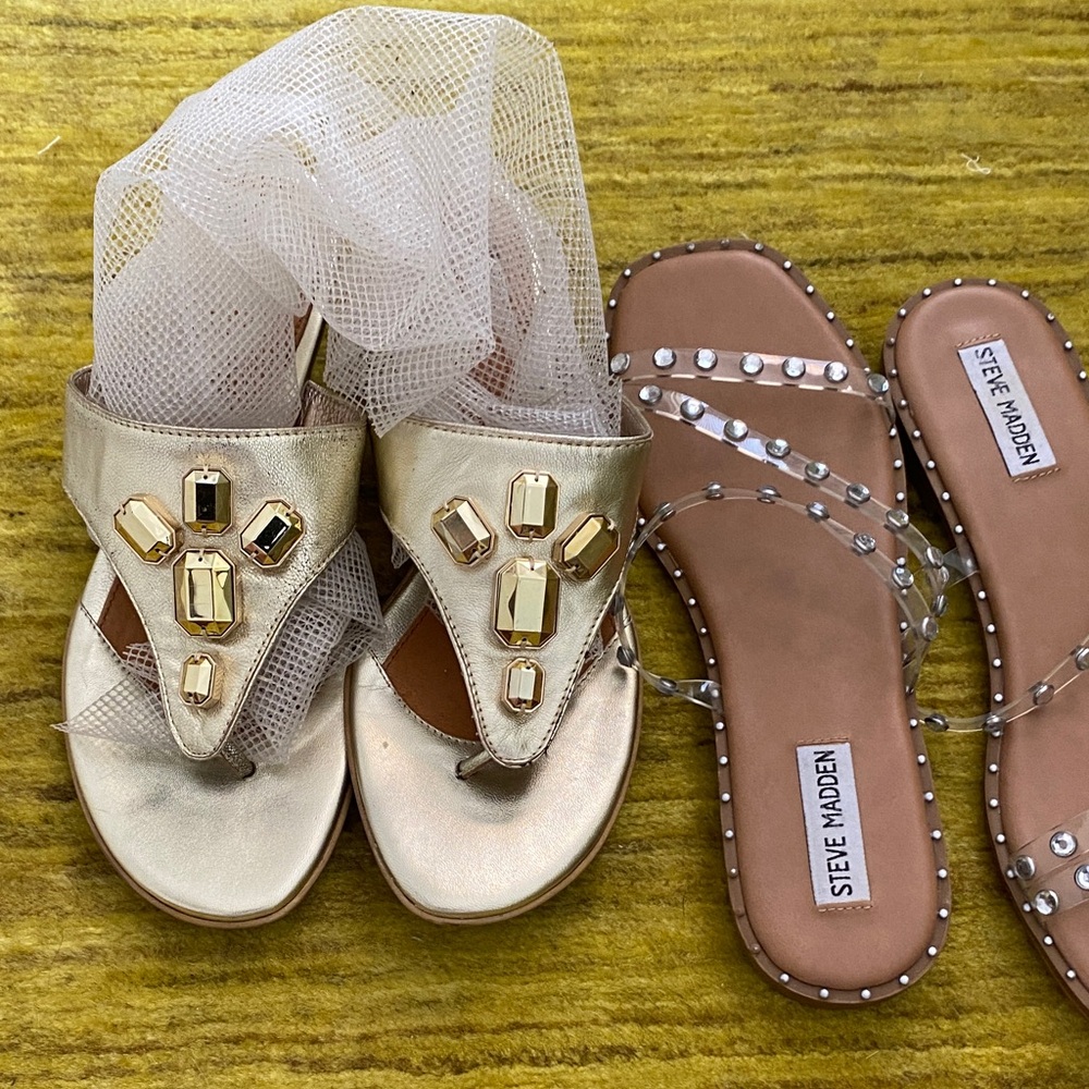 2 pairs Steve Madden clear and silver and Sofft Gold Embellished Sandals